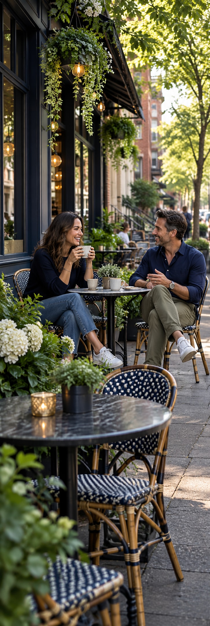 Two friends laughing over coffee at a café table outside, among flowers on a city sidewalk